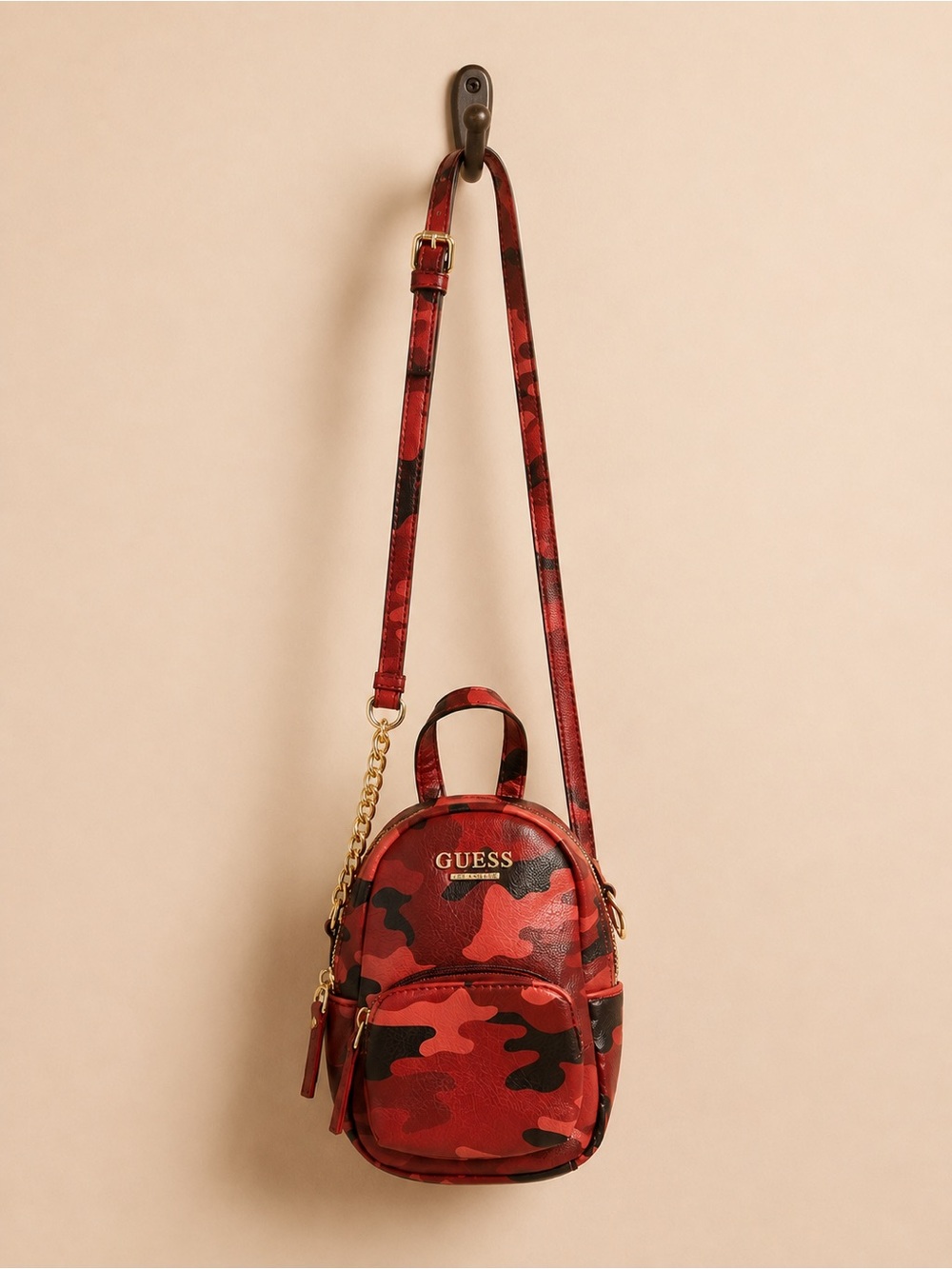 GUESS Los Angeles Evan Mini Crossbody Backpack Red Burgundy Camo Gold Hardware